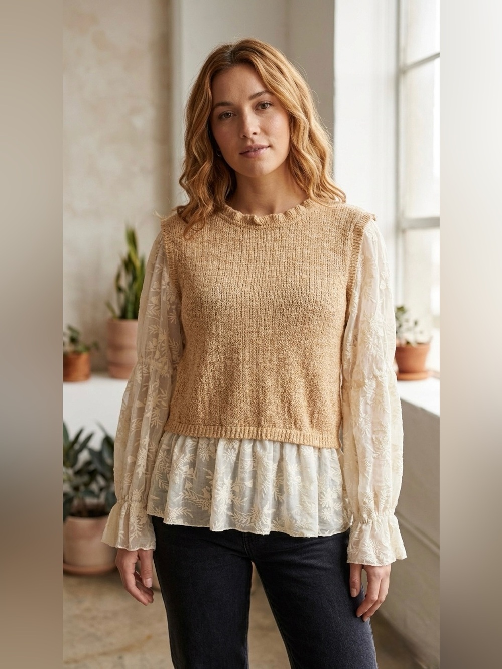 Fate by Anthropologie On Your Way Taupe Brown Lace Blouse small